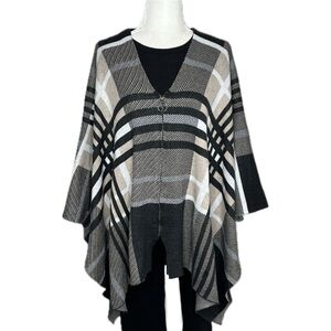 Joseph A. Poncho Zip Front Sweater Neutral Gray White Beige Plaid One Size OS